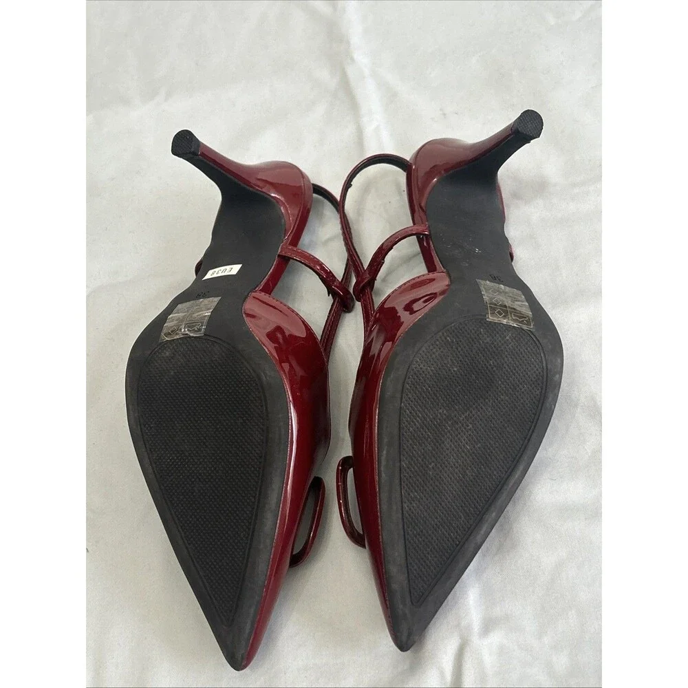Cherry Red Patent Leather, Pointed Toe, V-Logo Slingback Pumps Sz 38